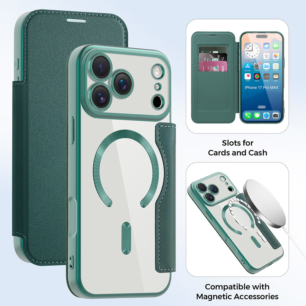 MagSafe Case for Apple iPhone 17 Pro, Techsuit, SmartMag Book, Green