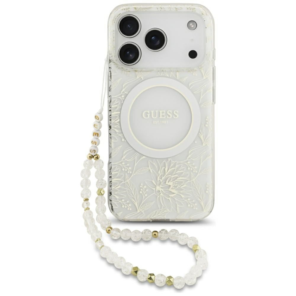 MagSafe Case for Apple iPhone 18 Pro / 17 Pro, Guess, IML Flowers Electroplated with Pearl Strap, White