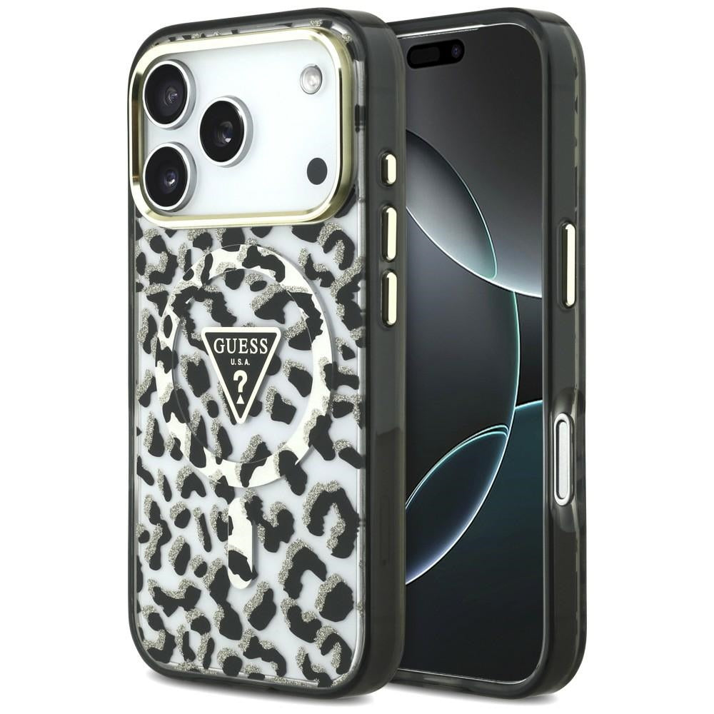 MagSafe Case for Apple iPhone 18 Pro / 17 Pro, Guess, Leopard Glitter Triangle Logo, Black