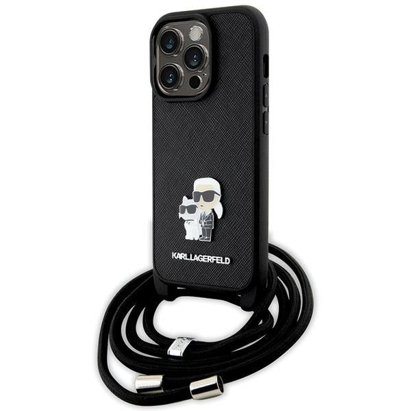 Case for Apple iPhone 14 Pro, Karl Lagerfeld, Saffiano Crossbody Metal Pin Karl & Choupette, Black