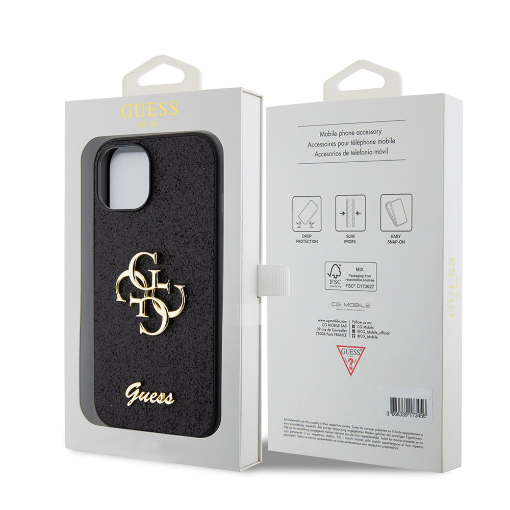 Case for Apple iPhone 15, Guess, Glitter Big 4G Script, Black