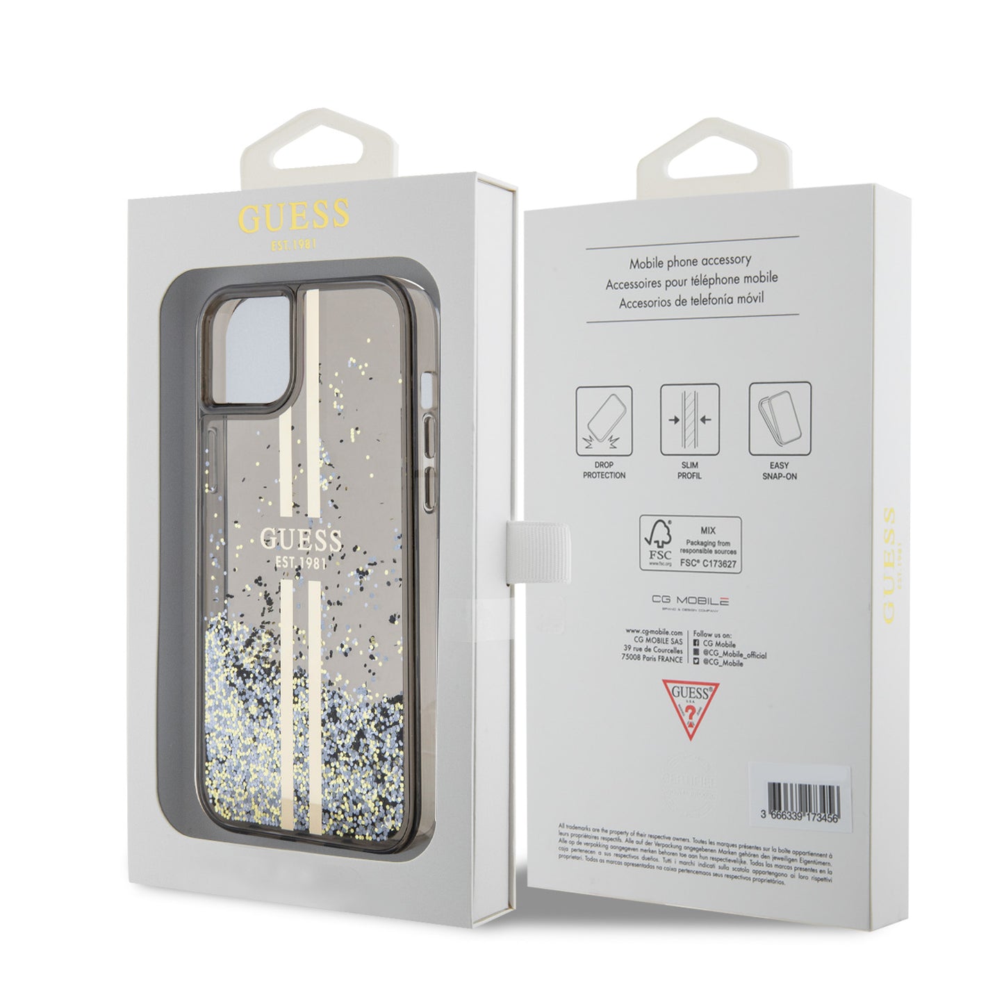 Case for Apple iPhone 15 Plus, Guess, Liquid Glitter Gold Stripes, Black