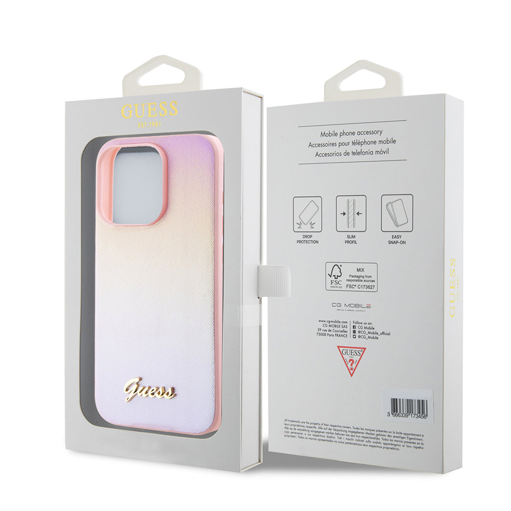 Case for Apple iPhone 15 Pro, Guess, Saffiano Iridescent Script, Pink