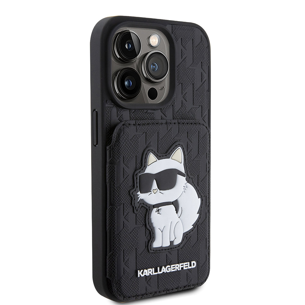 Case for Apple iPhone 15 Pro, Karl Lagerfeld, Saffiano Cardslots and Stand Monogram Choupette, Black
