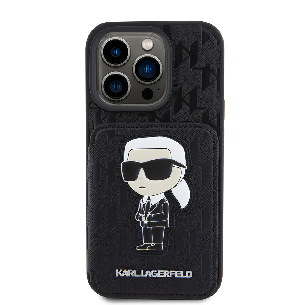 Case for Apple iPhone 15 Pro, Karl Lagerfeld, Saffiano Cardslots and Stand Monogram Ikonik Karl, Black