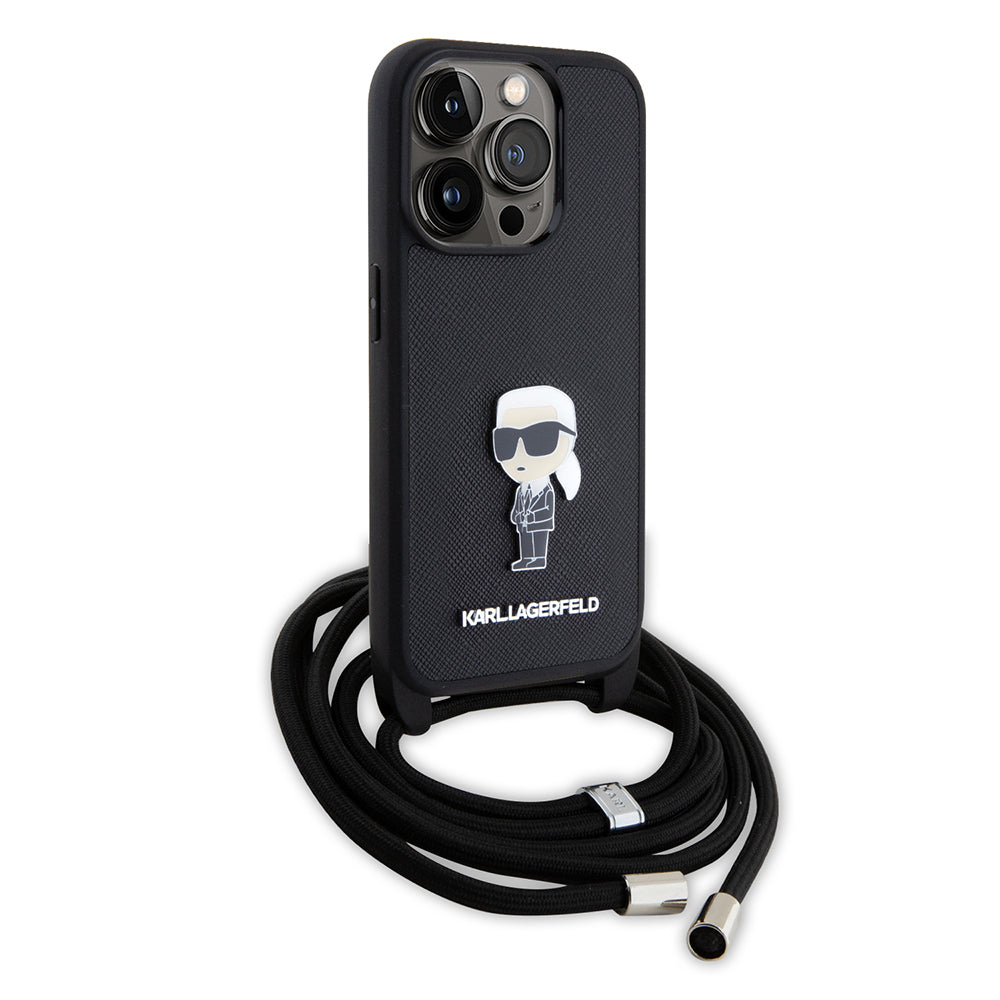 Case for Apple iPhone 15 Pro, Karl Lagerfeld, Saffiano Crossbody Monogram Metal Pin Karl, Black