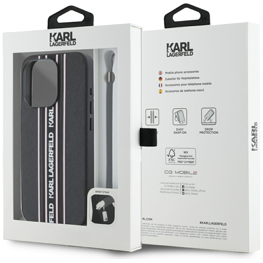 Case for Apple iPhone 15 Pro Max, Karl Lagerfeld, Saffiano Athleisure Stripes with Strap, Pink