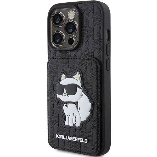 Case for Apple iPhone 15 Pro Max, Karl Lagerfeld, Saffiano Cardslots and Stand Monogram Choupette, Black
