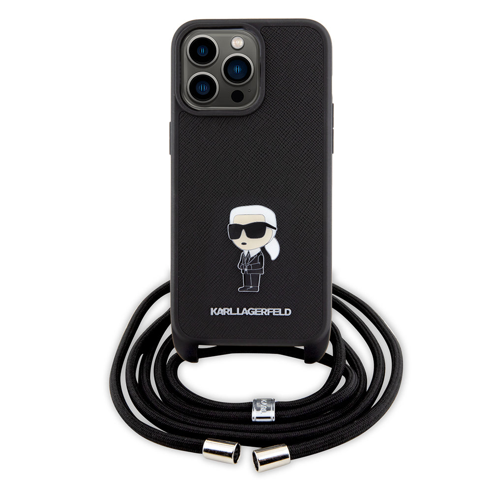 Case for Apple iPhone 15 Pro Max, Karl Lagerfeld, Saffiano Crossbody Monogram Metal Pin Karl, Black