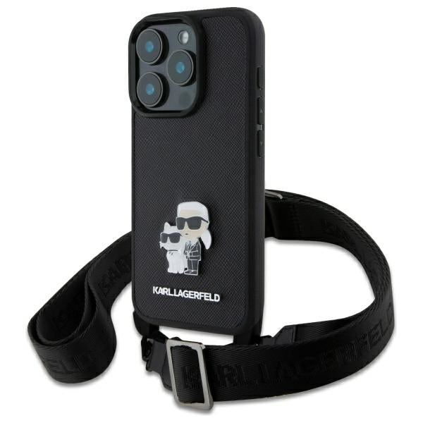 Case for Apple iPhone 16 Pro, Karl Lagerfeld, Saffiano Crossbody Metal Pin Karl & Choupette, Black