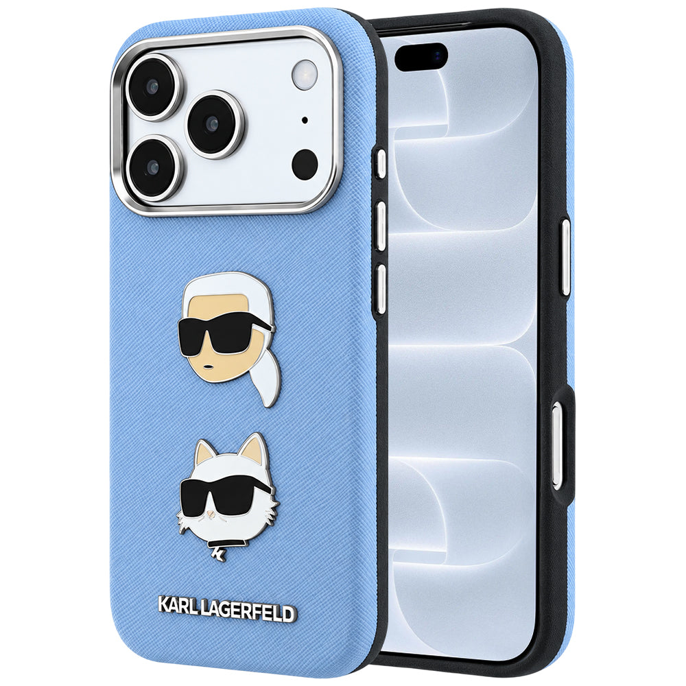 Case for Apple iPhone 18 Pro / 17 Pro, Karl Lagerfeld, Saffiano with Karl & Choupette Head's Pin and Logo, Blue