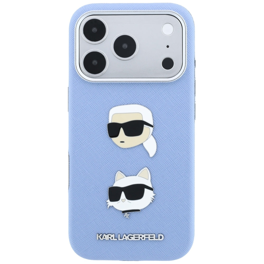 Case for Apple iPhone 18 Pro Max / 17 Pro Max, Karl Lagerfeld, Saffiano with Karl & Choupette Head's Pin and Logo, Blue