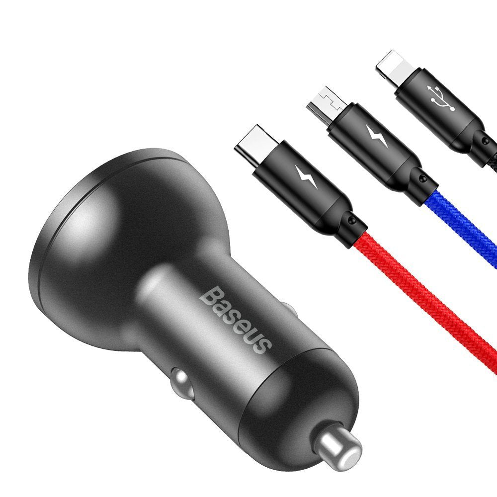 Car Charger with Lightning Cable - microUSB - USB-C Baseus Digital Display, 24W, 2.4A, 2 x USB-A, Gray TZCCBX-0G