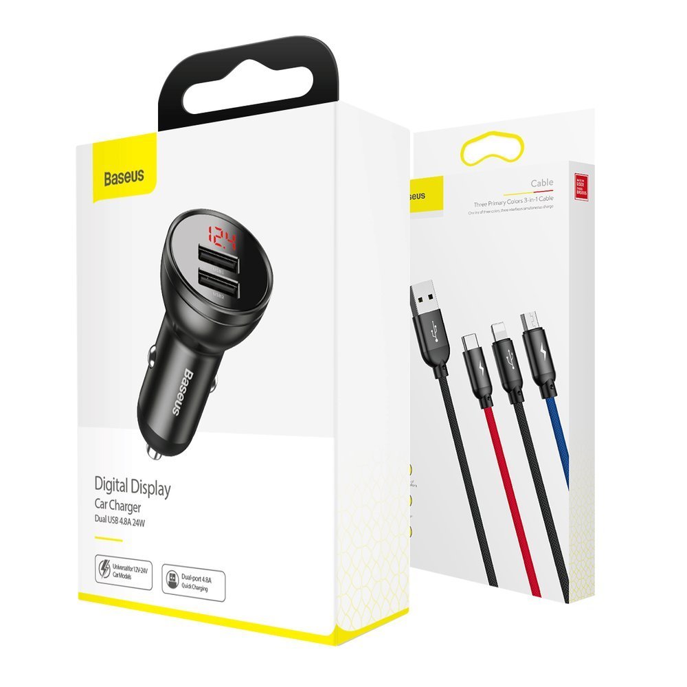 Car Charger with Lightning Cable - microUSB - USB-C Baseus Digital Display, 24W, 2.4A, 2 x USB-A, Gray TZCCBX-0G