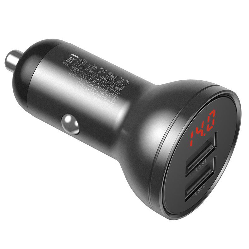 Car Charger with Lightning Cable - microUSB - USB-C Baseus Digital Display, 24W, 2.4A, 2 x USB-A, Gray TZCCBX-0G