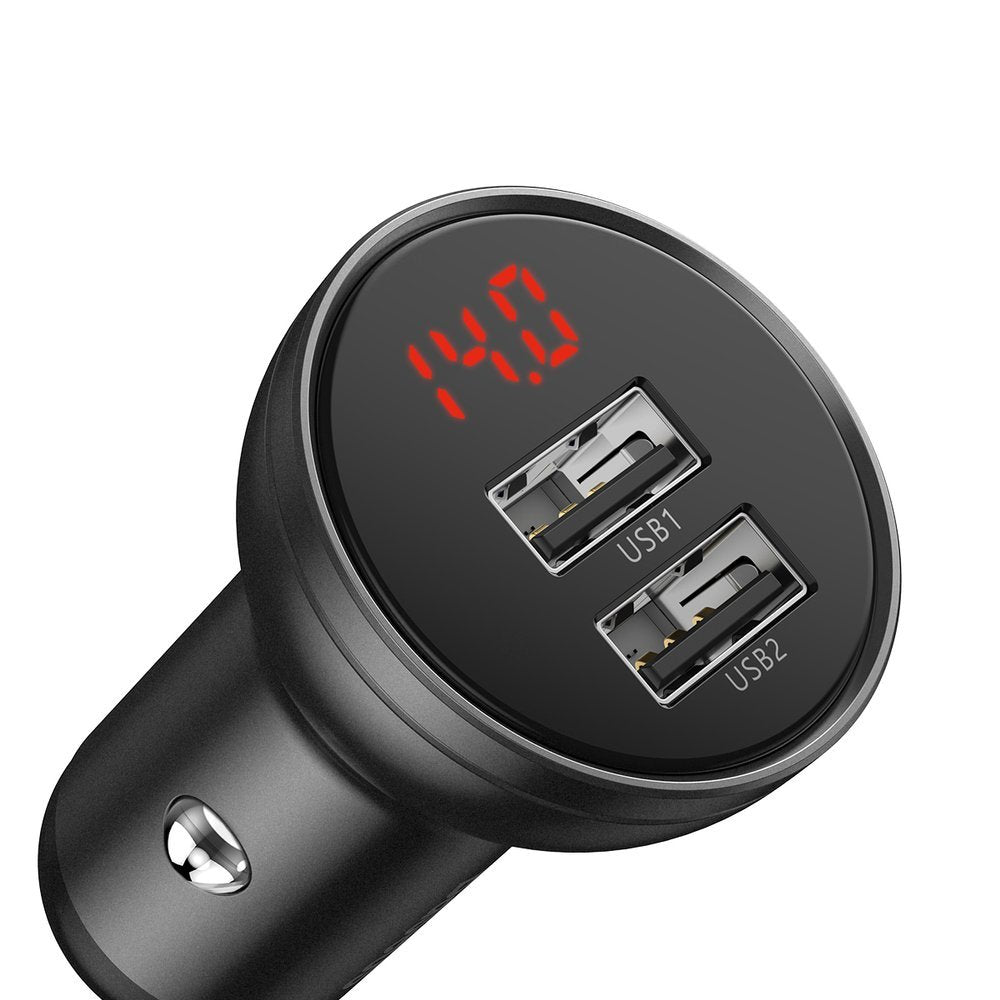 Car Charger with Lightning Cable - microUSB - USB-C Baseus Digital Display, 24W, 2.4A, 2 x USB-A, Gray TZCCBX-0G