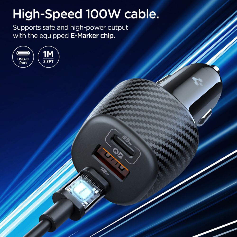 Spigen EV1133 Car Charger with USB-C Cable, 113W, 3.25A, 1 x USB-A - 2 x USB-C, Black