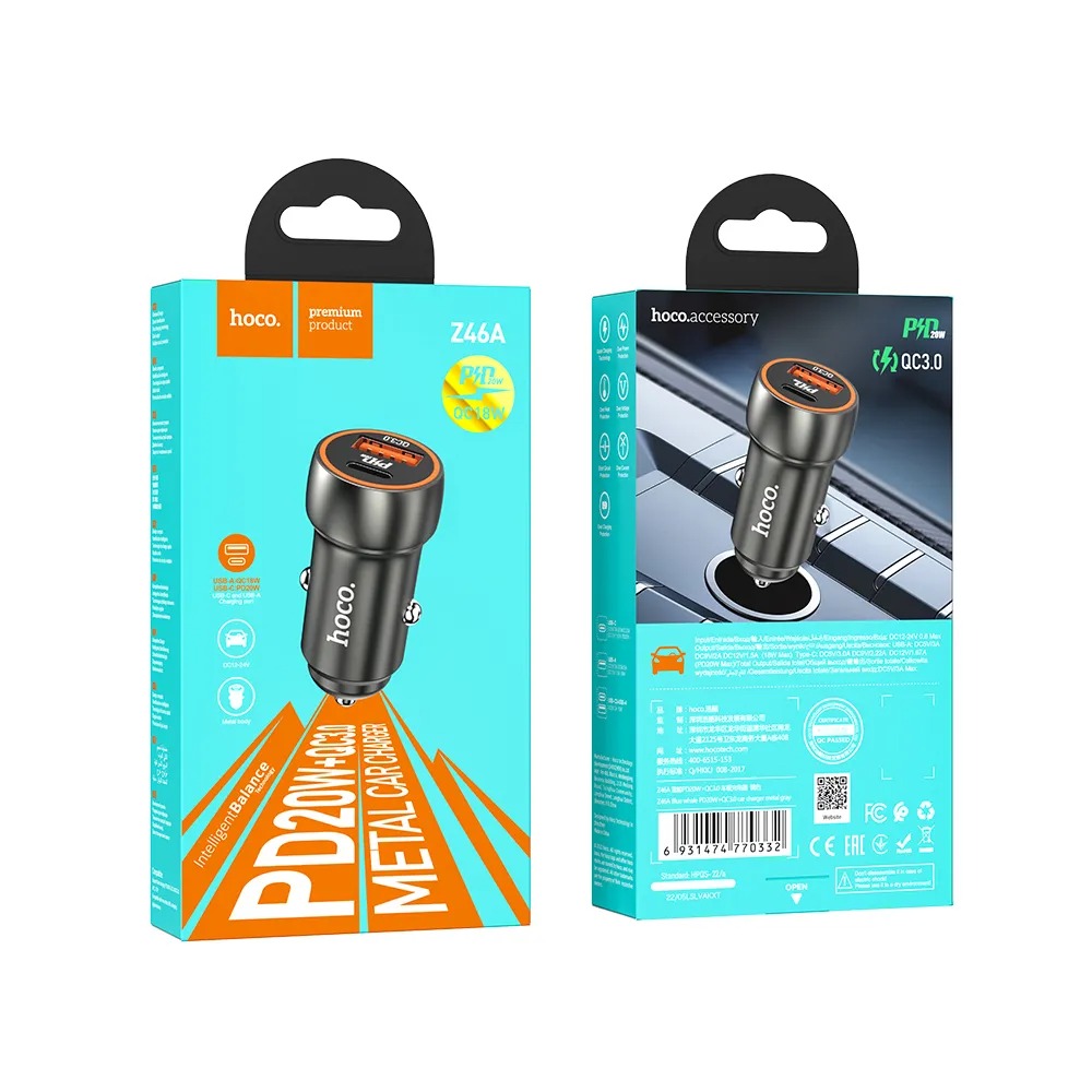 Car Charger HOCO Z46A, 20W, 3A, 1 x USB-A - 1 x USB-C, Grey