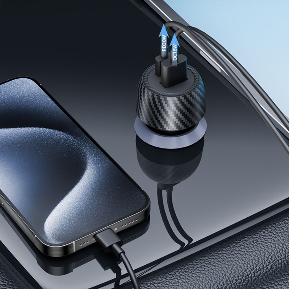 Techsuit C7 CarbonVolt Car Charger, 48W, 3A, 1 x USB-A - 1 x USB-C, Black