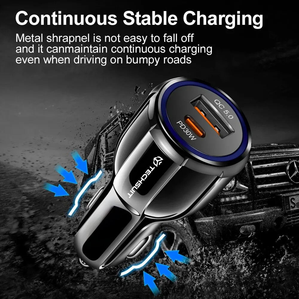 Techsuit TE-022 Premium Car Charger, 60W, 3A, 1 x USB-A - 1 x USB-C, Black