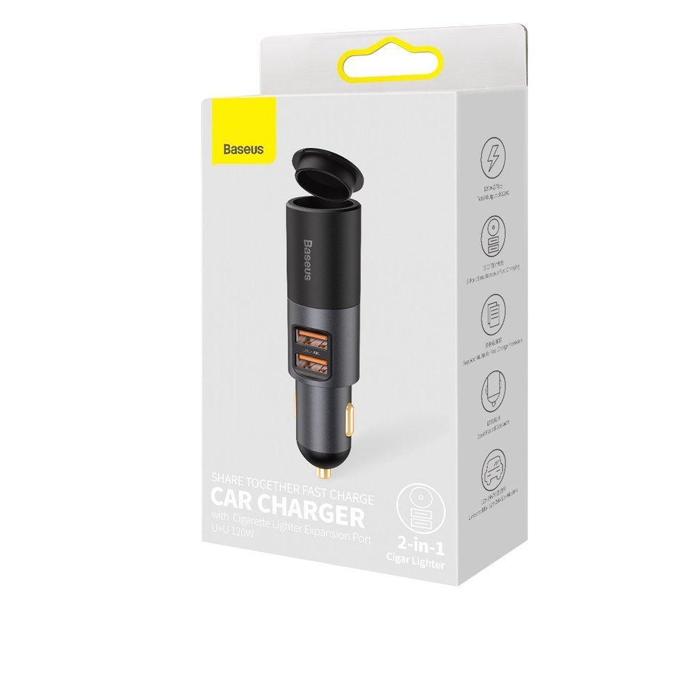 Baseus Share Together Car Charger, 120W, 3A, 2 x USB-A - 1 x Cigarette Lighter Extension, Black CCBT-D0G