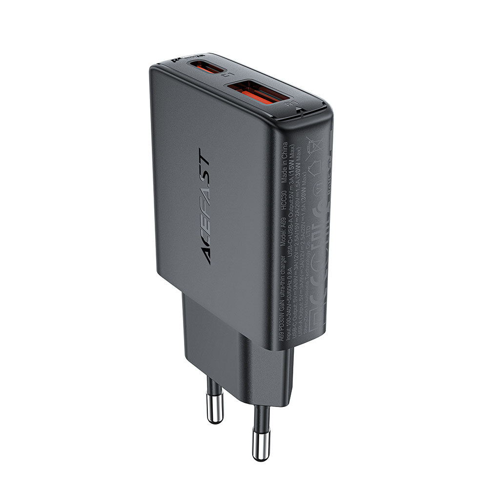 Acefast A69 Network Charger, 30W, 3A, 1 x USB-A - 1 x USB-C, Black
