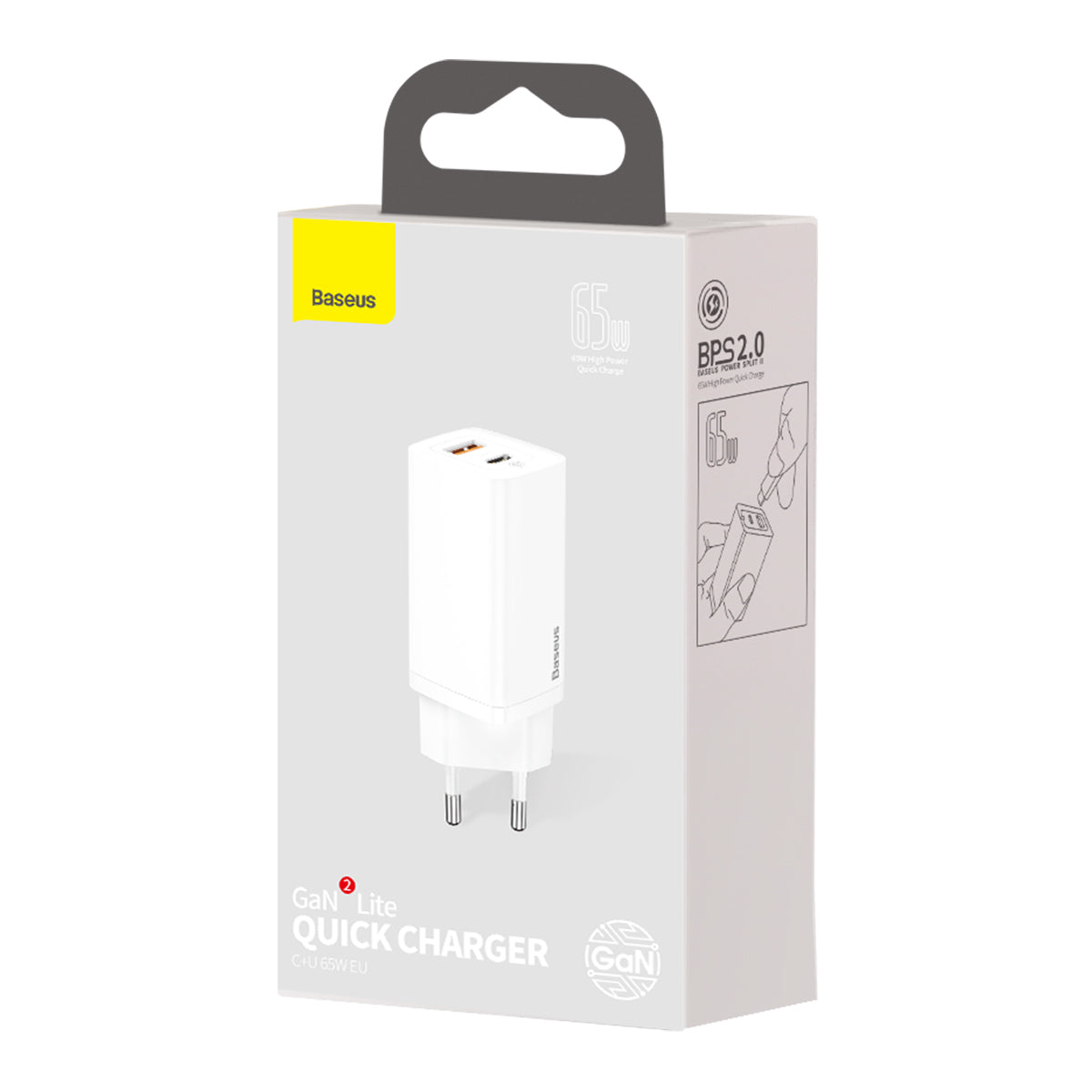 Network Charger Baseus GaN2 Lite, 65W, 3A, 1 x USB-A - 1 x USB-C, White CCGAN2L-B02