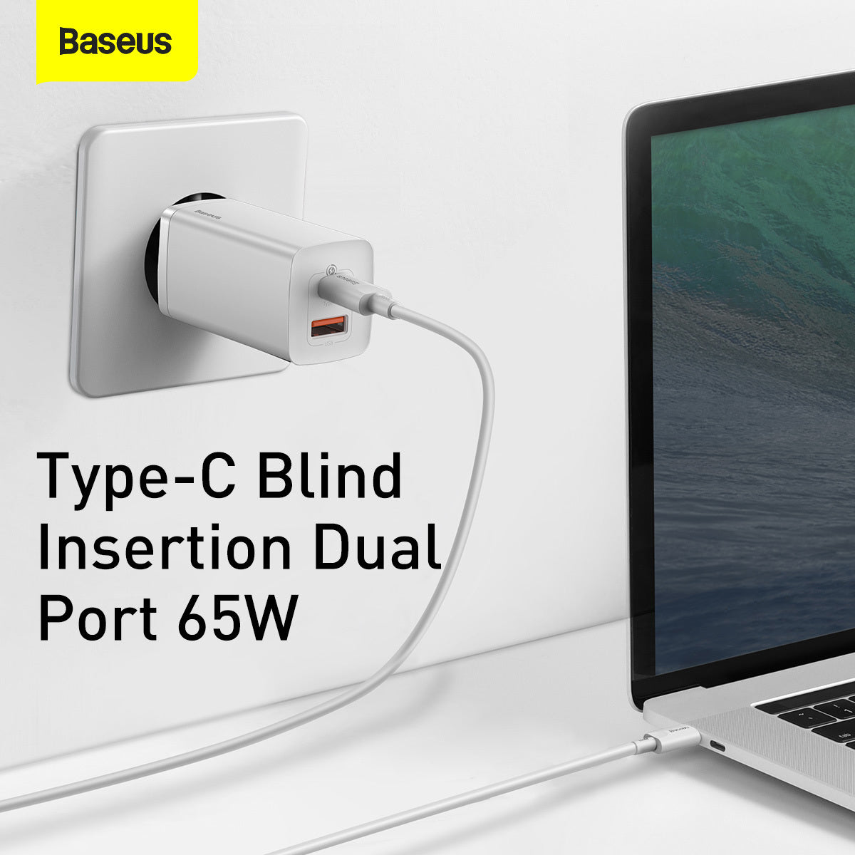 Network Charger Baseus GaN2 Lite, 65W, 3A, 1 x USB-A - 1 x USB-C, White CCGAN2L-B02
