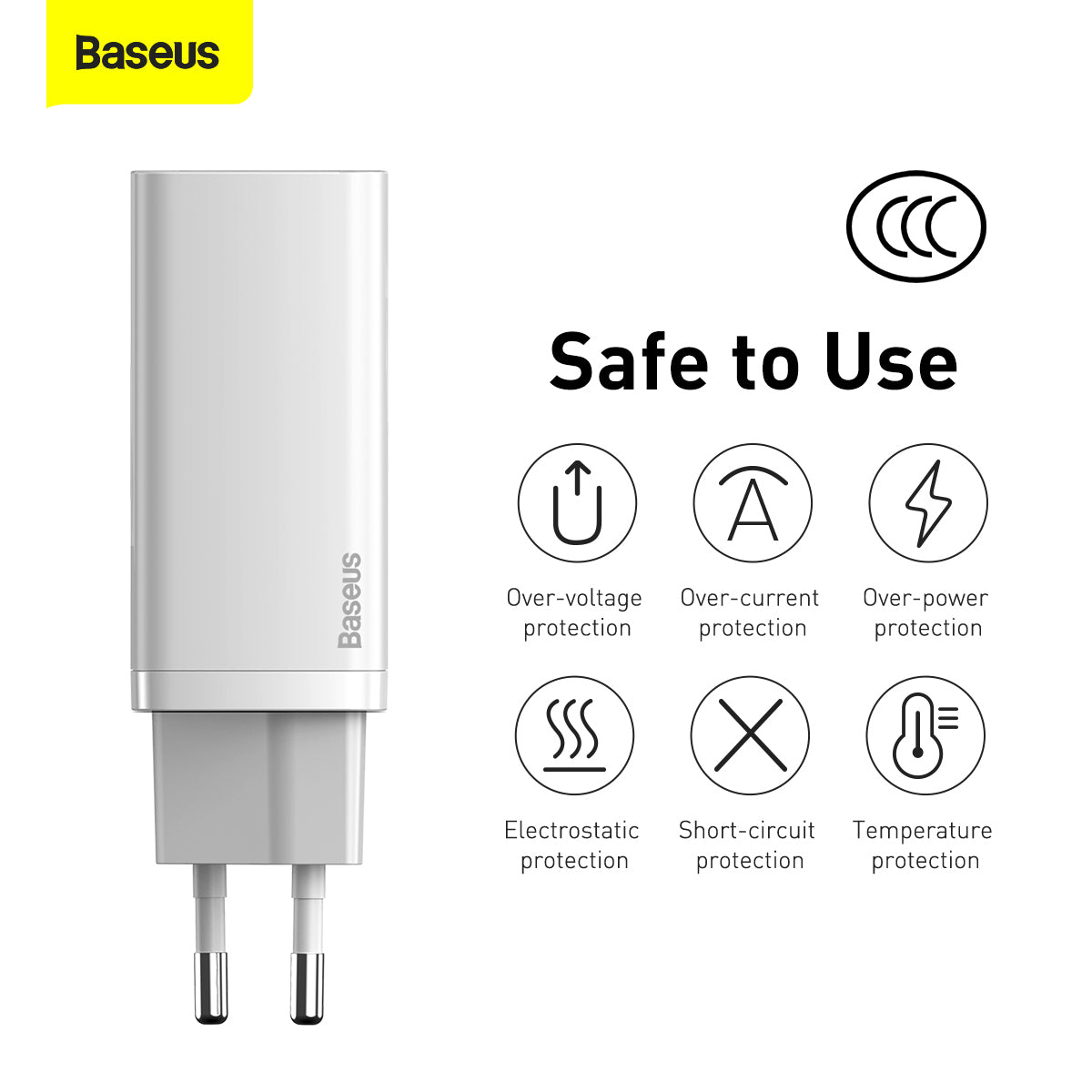 Network Charger Baseus GaN2 Lite, 65W, 3A, 1 x USB-A - 1 x USB-C, White CCGAN2L-B02