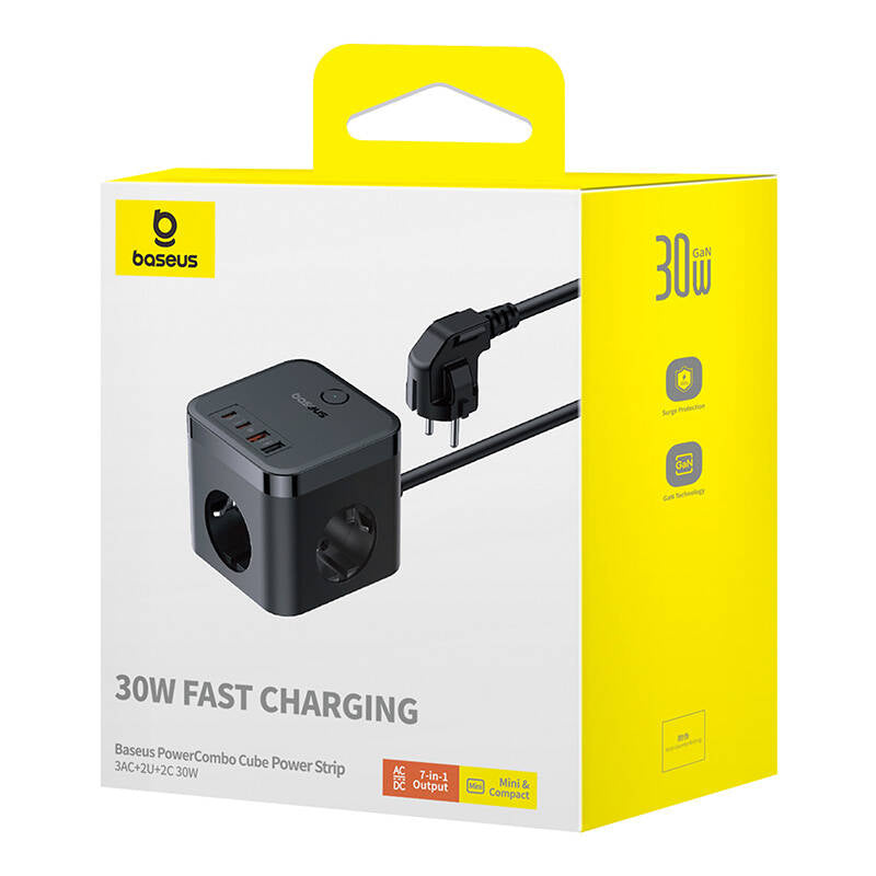 Baseus PowerCombo Cube Extension Cord, 3 x Schuko - 2 x USB-A - 2 x USB-C, Black E00066400117-00