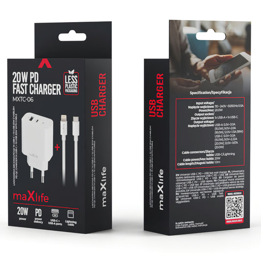 MaXlife MXTC-06-20AC MaXlife MXTC-06-20AC Network Charger with Lightning Cable, 20W, 3A, 1 x USB-A - 1 x USB-C, White