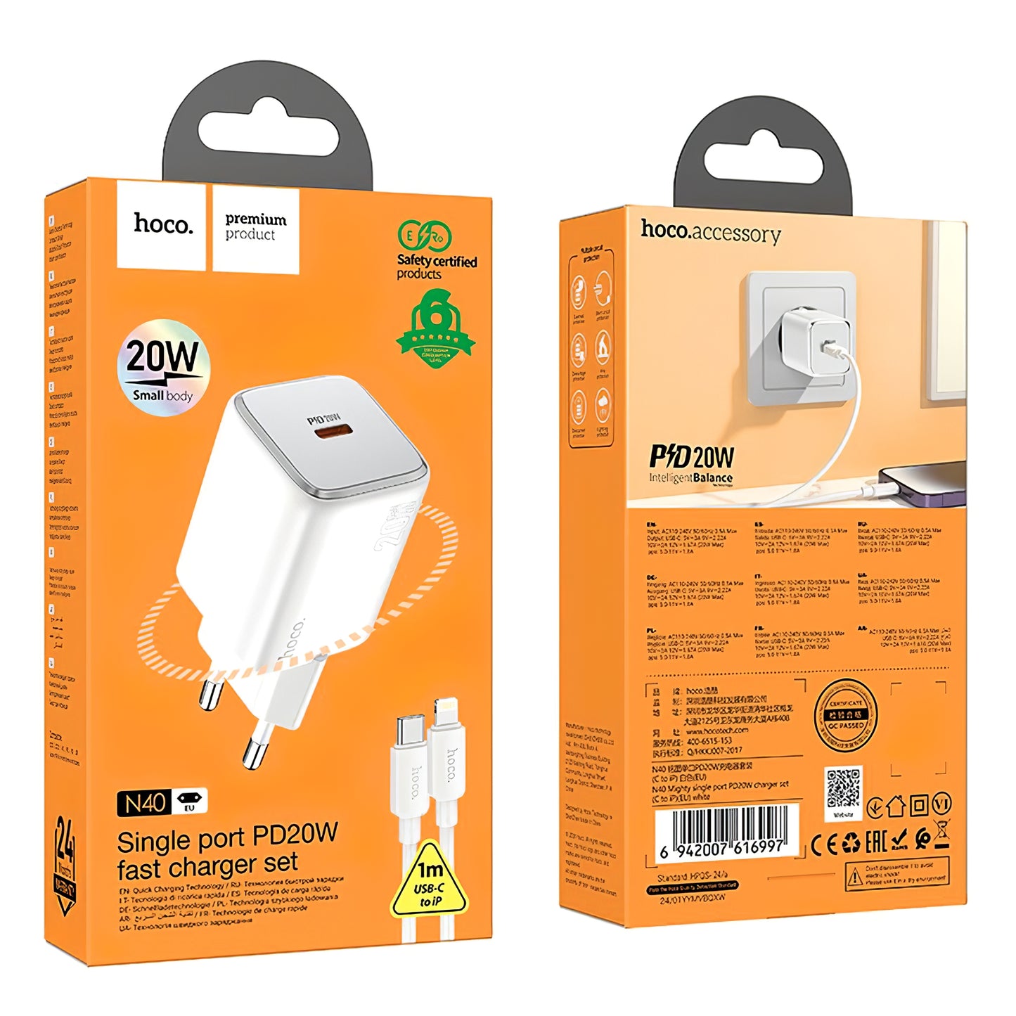 Network Charger with Lightning Cable HOCO N40, 20W, 3A, 1 x USB-C, White