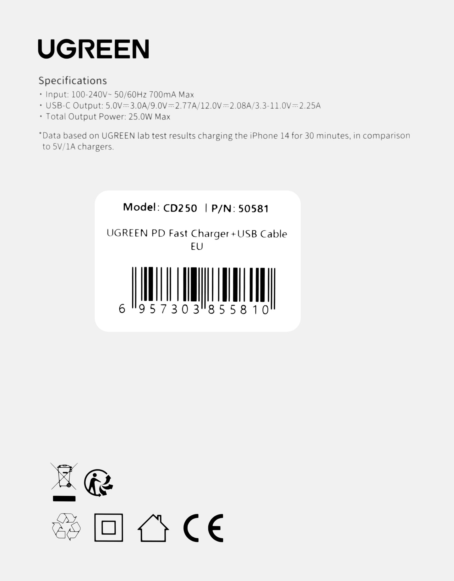 UGREEN CD250, 25W, 3A, 1 x USB-C, Black