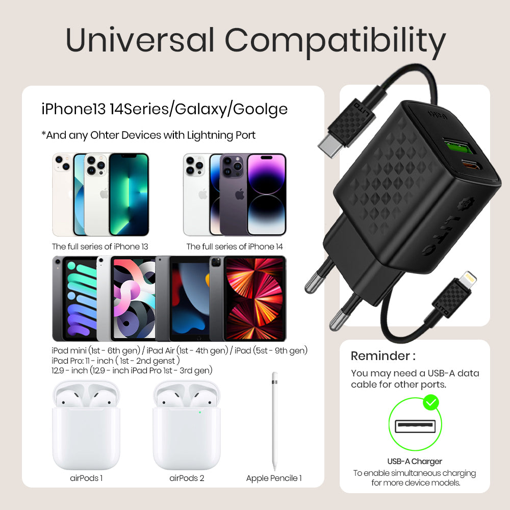 Network Charger with Lightning Cable Lito LC15L, 20W, 3A, 1 x USB-A - 1 x USB-C, Black
