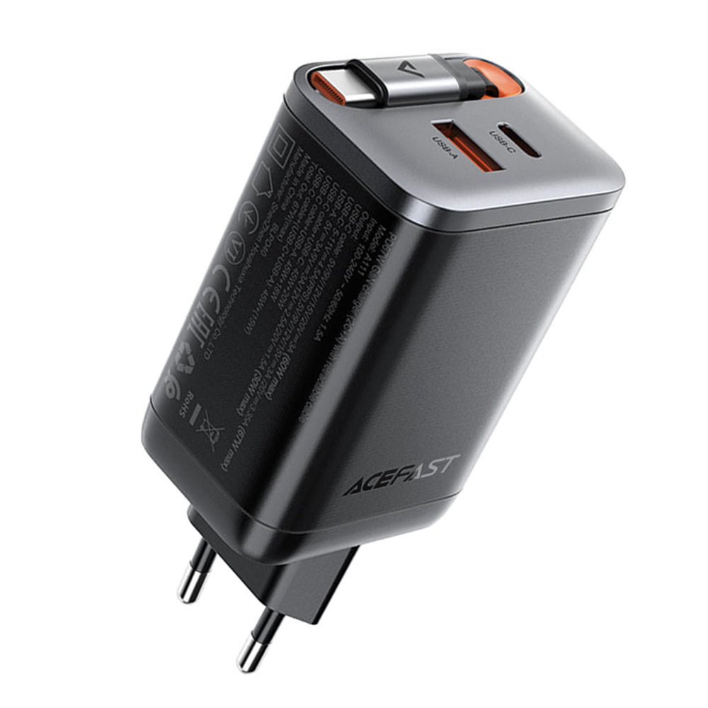 Acefast A111 USB-C Network Charger with Cable, 67W, 3A, 1 x USB-A - 1 x USB-C, Black