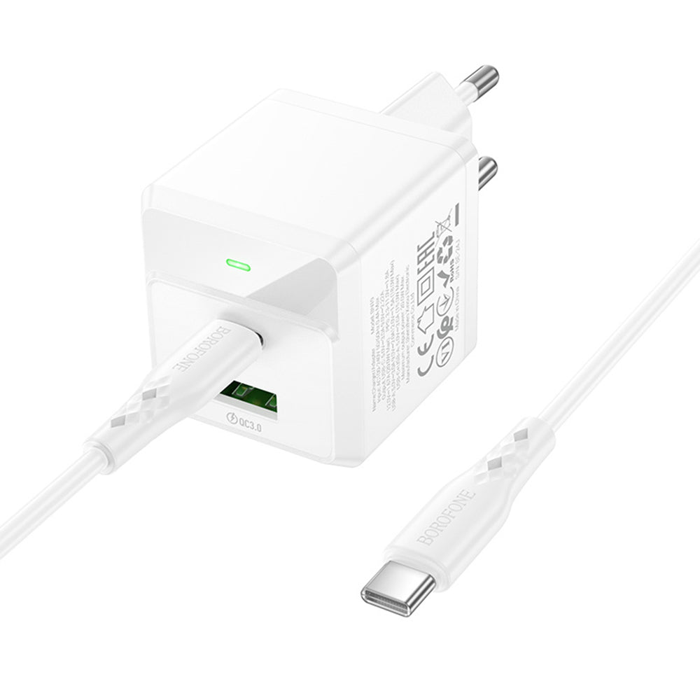 Network Charger with USB-C Cable Borofone BN19 Intenso, 20W, 3A, 1 x USB-A - 1 x USB-C, White