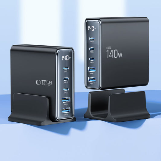 Network Charger Tech-Protect DC140W, 140W, 3A, 2 x USB-A - 3 x USB-C, Black