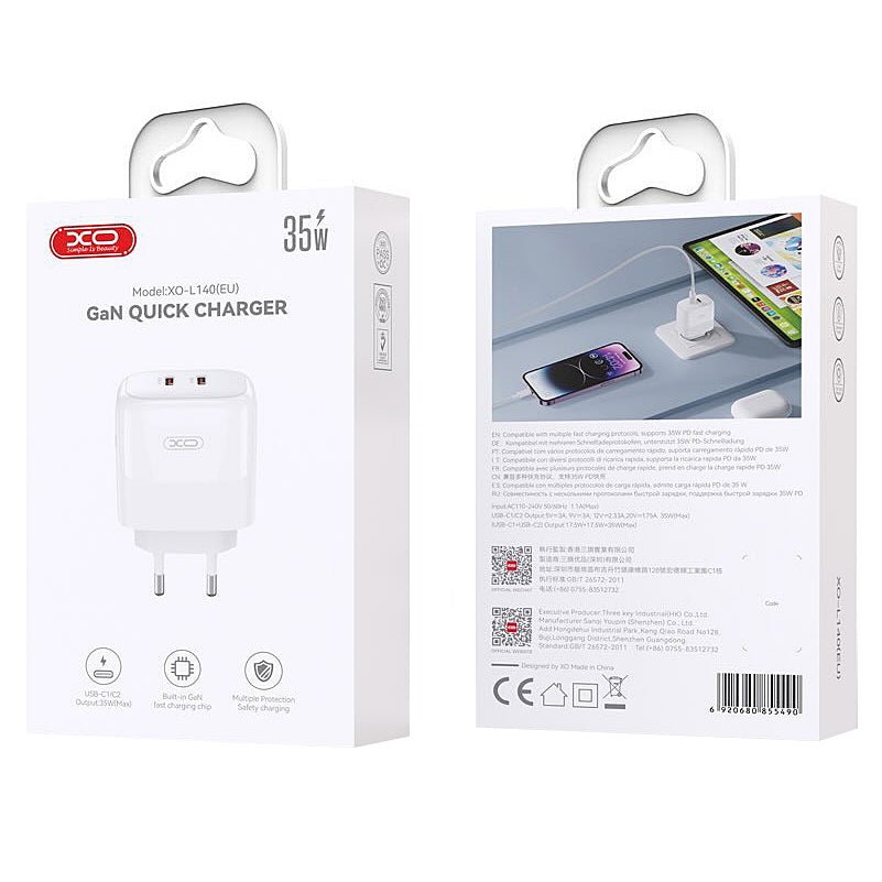 Network Charger XO Design L140, 35W, 3A, 2 x USB-C, White