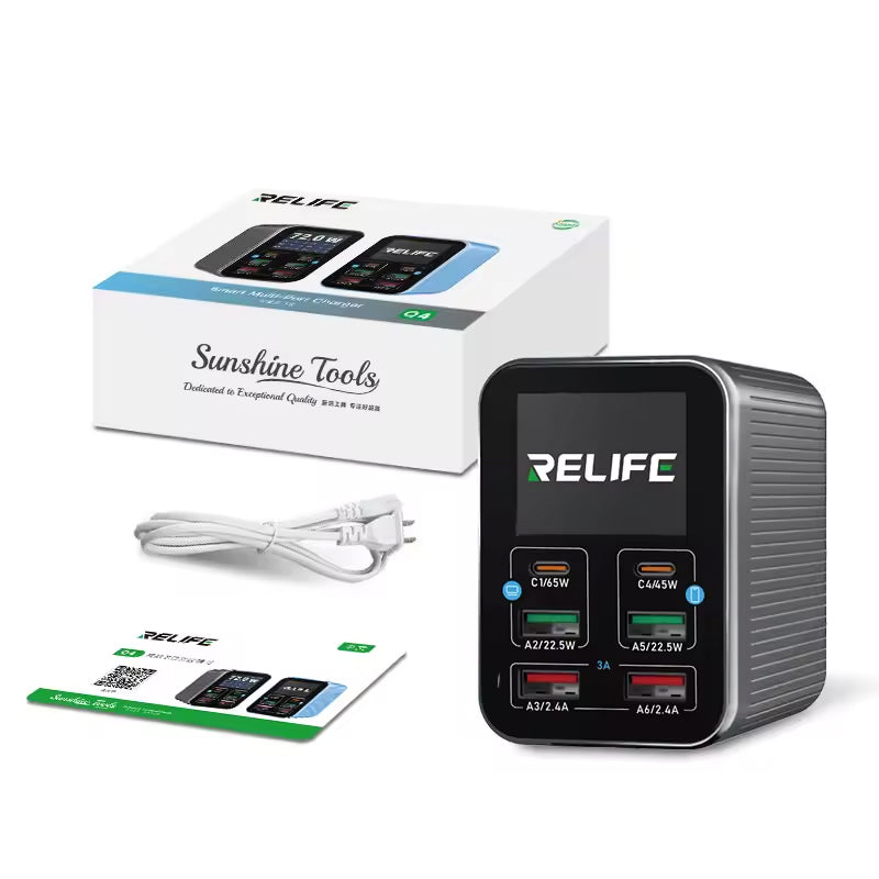 Relife Q4 Charging Station, 72W, 5A, 2 x USB-C - 4 x USB-A, Gray