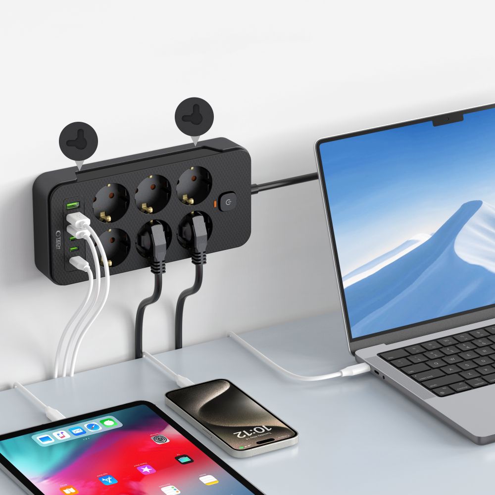 Tech-Protect PC6X6 Extension Cord, 6 x Schuko - 3 x USB-A - 3 x USB-C, Black