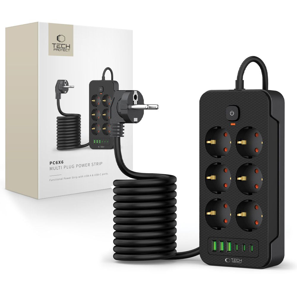 Tech-Protect PC6X6 Extension Cord, 6 x Schuko - 3 x USB-A - 3 x USB-C, Black