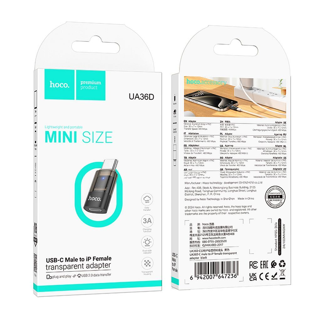 Lightning Data and Charging Adapter - USB-C HOCO UA36D, Black