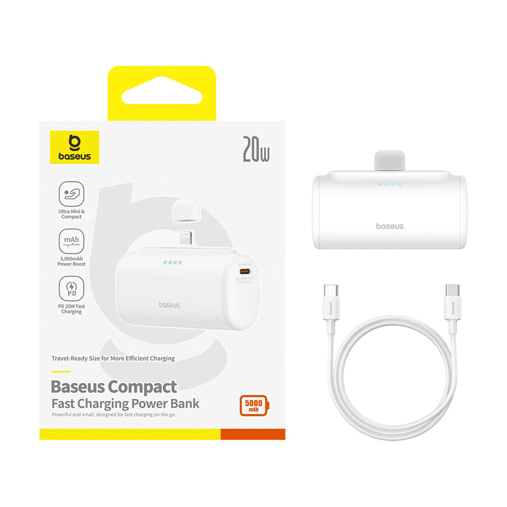 Baseus Compact External Battery, 5000mAh, 20W, PD, 1 x Lightning - 1 x USB-C, White P10068307213-00