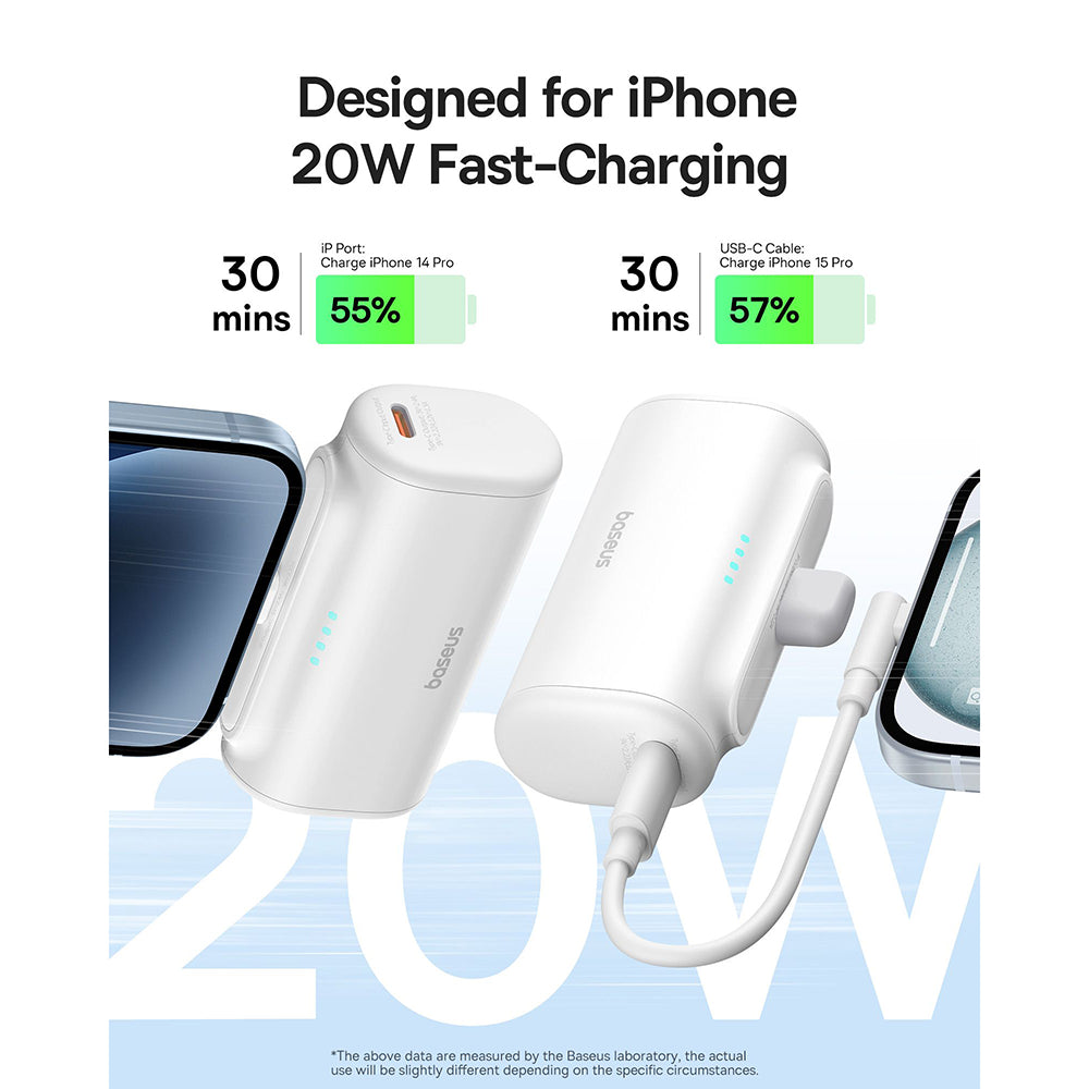 Baseus Compact External Battery, 5000mAh, 20W, PD, 1 x Lightning - 1 x USB-C, White P10068307213-00