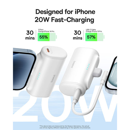 Baseus Compact External Battery, 5000mAh, 20W, PD, 1 x Lightning - 1 x USB-C, White P10068307213-00