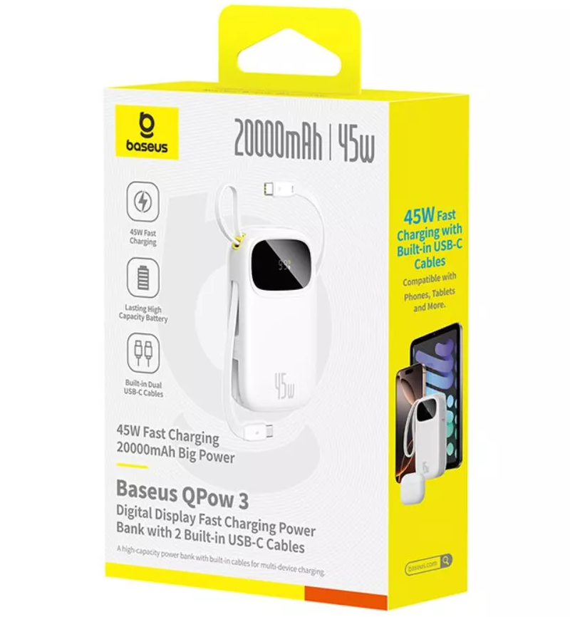 Baseus EnerFill FC31 Qpow 3 External Battery, 20000mAh, 45W, QC + PD, 1 x USB-A - 3 x USB-C, White P10082105213-00