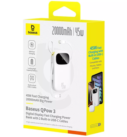 Baseus EnerFill FC31 Qpow 3 External Battery, 20000mAh, 45W, QC + PD, 1 x USB-A - 3 x USB-C, White P10082105213-00