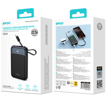 Wireless External Battery BWOO BO-P80, 10000mAh, 22.5W, PD + FQI, 1 x QI - 2 x USB-C, Black