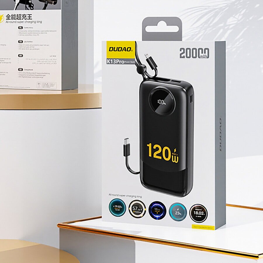Dudao K13 External Battery, 10000mAh, 22.5W, QC + PD, 1 x Lightning - 1 x USB-A - 2 x USB-C, Black