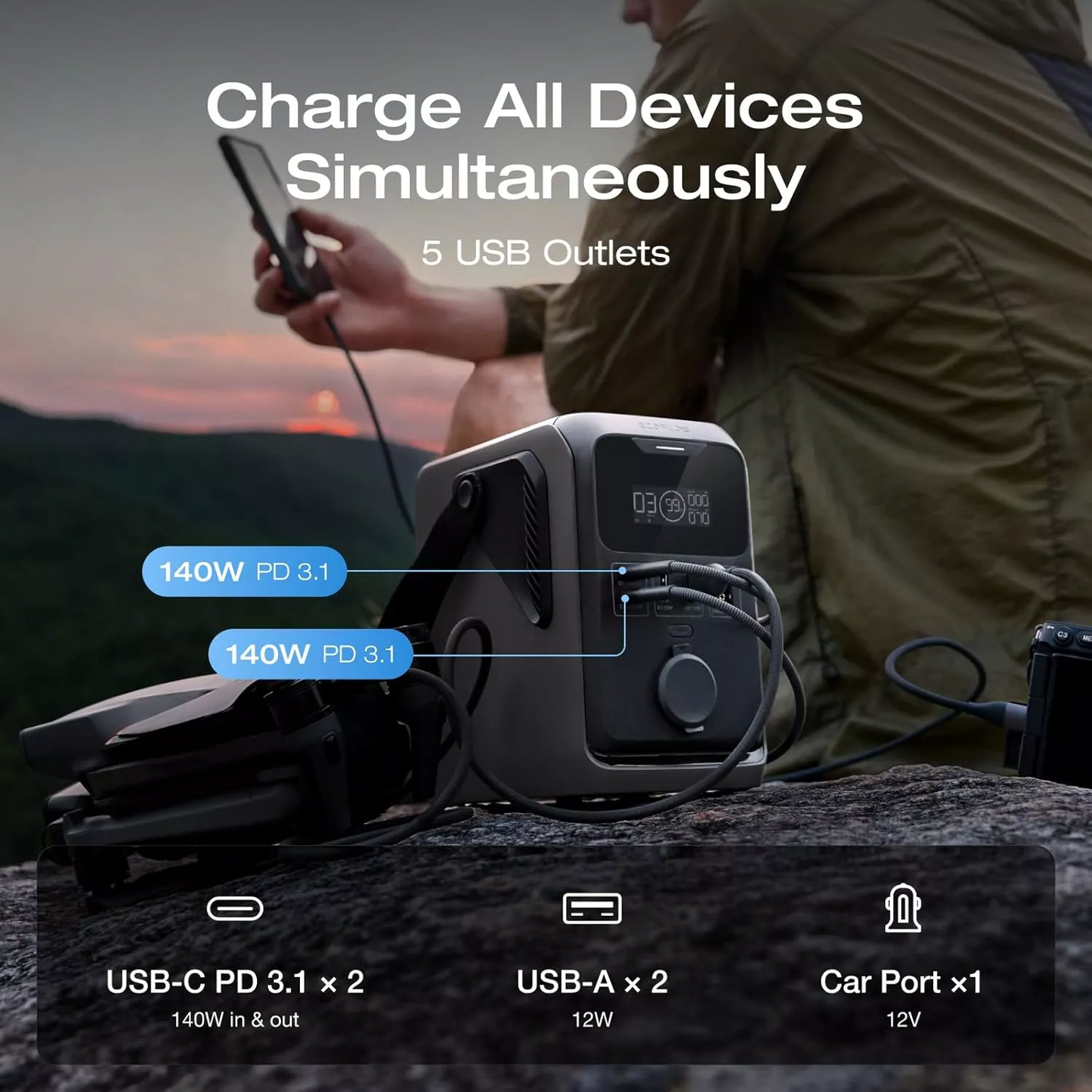 EcoFlow Trail 300 External Battery, 90000mAh, 300W, PD, 1 x Cigarette Lighter Extension - 2 x USB-A - 2 x USB-C, Black EF-TRAIL300-N
